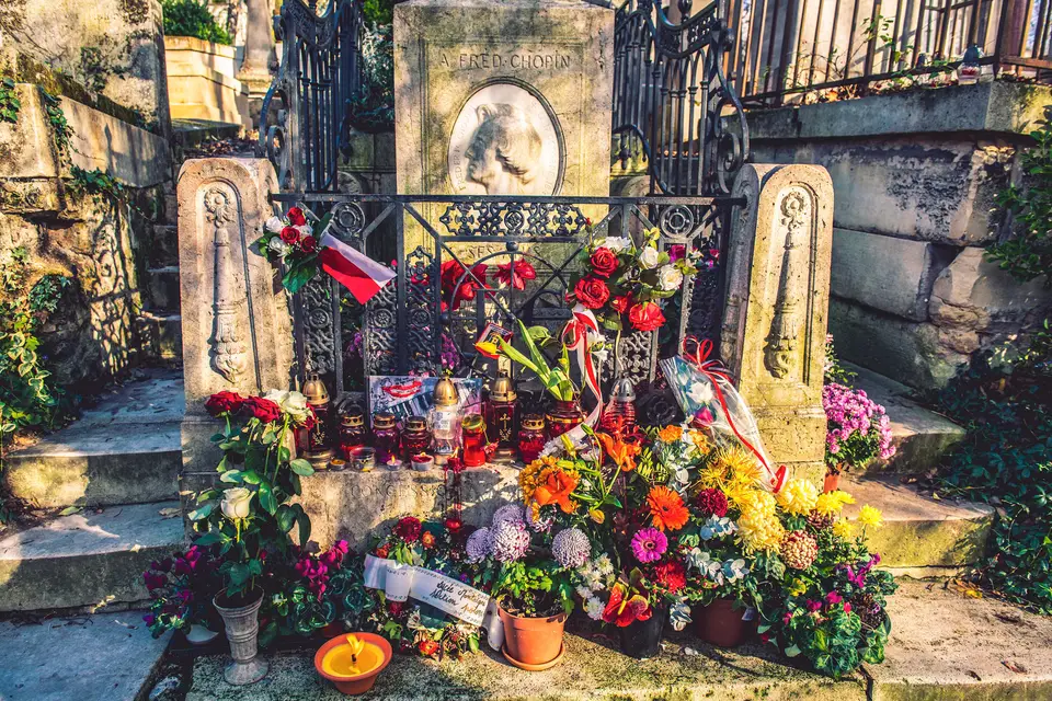Frédéric Chopin’s flower-covered tomb in Paris